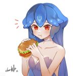  1girl aqua_nails bao_(vtuber) blue_hair breasts burger cleavage closed_mouth commentary food food_on_face hair_between_eyes highres holding holding_food indie_virtual_youtuber long_hair lottevanhalen nail_polish red_eyes simple_background virtual_youtuber white_background 