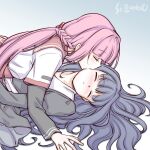  2girls artist_name blush braid closed_eyes girl_on_top hair_spread_out kiss kissing_cheek long_hair lying magia_record:_mahou_shoujo_madoka_magica_gaiden mahou_shoujo_madoka_magica multiple_girls nanami_yachiyo pink_hair school_uniform serafuku studiozombie tamaki_iroha upper_body yuri 