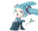  1girl aomidori_(em_em37) aqua_eyes aqua_hair aqua_necktie bare_shoulders black_legwear black_skirt black_sleeves chibi commentary detached_sleeves floating_hair grey_shirt hair_ornament hatsune_miku highres knees_up long_hair miniskirt motion_blur necktie open_mouth pleated_skirt shirt sitting skirt sleeveless sleeveless_shirt solo spring_onion thighhighs twintails very_long_hair vocaloid white_background 