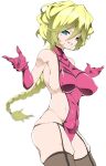  1girl black_legwear blonde_hair blue_eyes braid braided_ponytail breasts carol_malus_dienheim covered_nipples highres impossible_clothes large_breasts long_hair looking_at_viewer mole mole_under_eye ohako older senki_zesshou_symphogear shiny shiny_hair shiny_skin side_cutout sideless_outfit simple_background skindentation smile solo standing teeth thighhighs white_background 