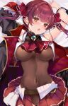  1girl black_coat breasts coat hair_ribbon heterochromia highres hinahino hololive houshou_marine large_breasts leotard leotard_under_clothes long_hair pirate pleated_skirt red_eyes red_hair red_ribbon ribbon sheer_leotard skirt solo twintails virtual_youtuber yellow_eyes 