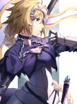  1girl absurdres armor armored_dress bangs blonde_hair blue_dress blue_eyes braid breasts capelet chain collar dress fate/apocrypha fate_(series) flag gauntlets headpiece herigaru_(fvgyvr000) highres jeanne_d&#039;arc_(fate) jeanne_d&#039;arc_(fate/apocrypha) large_breasts long_braid long_hair metal_collar plackart single_braid sword very_long_hair weapon 