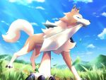  blue_eyes claws cloud commentary_request day from_below grass hill kemonobito leaves_in_wind lycanroc lycanroc_(midday) mouth_hold no_humans outdoors pokemon pokemon_(creature) sky solo standing sword weapon 
