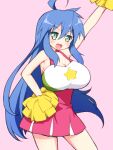 1girl :3 ahoge alternate_breast_size arm_up armpits bangs bare_shoulders blue_hair breasts cheerleader cleavage contrapposto cowboy_shot dress eyebrows_visible_through_hair green_eyes hair_between_eyes highres huge_breasts izumi_konata light_blush long_hair looking_at_viewer lucky_star open_mouth pink_background pleated_dress pom_pom_(cheerleading) shirogane_hakuba sidelocks simple_background smile solo star_(symbol) strap_gap v-shaped_eyebrows very_long_hair yellow_pom_poms 