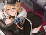  1girl absurdres ass azur_lane bismarck_(azur_lane) black_legwear blonde_hair blue_eyes blush breasts cape cleavage desk fur-trimmed_cape fur_trim hat highres indoors large_breasts long_hair looking_at_viewer military military_uniform muunai paper_stack parted_lips peaked_cap sidelocks solo uniform 