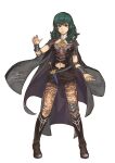  1girl bangs black_footwear black_shorts blue_eyes boots breasts byleth_(fire_emblem) byleth_(fire_emblem)_(female) closed_mouth detached_collar fadingz fire_emblem fire_emblem:_three_houses green_hair highres knee_boots long_hair medium_breasts midriff navel pantyhose sheath sheathed shiny shiny_hair short_shorts shorts signature simple_background solo standing stomach sword weapon white_background 