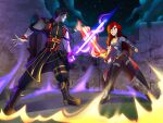  absurdres armor bandages battle black_hair castle dymitr3 evil_smile fighting_stance fire full_body highres lionel_rizzo pertenecientes_al_fuego_(book) pyrokinesis red_hair selena_mulciber smile sword weapon 