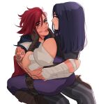  2girls arcane:_league_of_legends arm_tattoo blue_eyes blue_hair caitlyn_(league_of_legends) commentary english_commentary eyebrows_visible_through_hair finger_to_another&#039;s_mouth highres hug league_of_legends lesbeanlatte lipstick_mark medium_hair multiple_girls parted_lips red_hair short_hair simple_background sitting sitting_on_lap sitting_on_person tattoo teeth vi_(league_of_legends) white_background yuri 