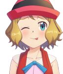  1girl bangs blonde_hair blue_eyes blue_ribbon blush closed_mouth collarbone commentary eyelashes gazing_eye hat looking_at_viewer neck_ribbon one_eye_closed pokemon pokemon_(anime) pokemon_xy_(anime) raised_eyebrows ribbon serena_(pokemon) shiny shiny_hair short_hair sleeveless smile solo tongue tongue_out 