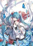  1girl absurdres aqua_eyes aqua_hair armband blue_butterfly bug butterfly chinese_commentary commentary dress flower frilled_dress frills hair_flower hair_ornament hatsune_miku highres lan_su ribbon rose sleeveless solo twintails vocaloid water white_dress 