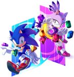  1boy 1girl animal_ears blaze_the_cat cat_ears chaos_emerald chaosc0ntr0l english_commentary gem gloves green_eyes high_heels open_hands pink_footwear pointing purple_eyes red_footwear smile sonic_(series) sonic_rush sonic_the_hedgehog white_gloves 