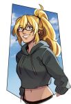  1girl blonde_hair commentary cropped_hoodie english_commentary eyebrows_visible_through_hair eyes_visible_through_hair glasses hood hood_down hoodie long_hair looking_at_viewer naitourse navel parted_lips ponytail purple_eyes rwby solo teeth upper_body yang_xiao_long 