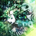  1girl abstract album_cover bag bell closed_mouth cover dress green_theme guitar highres instrument loafers looking_at_object musical_note original ponytail satchel second-party_source shoes sleeveless sleeveless_dress squatting trumpet xylophone yoshida_yoshitsugi 