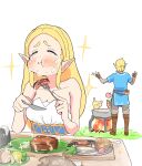  1boy 1girl absurdres blonde_hair closed_eyes cooking crying dress eating fingerless_gloves fire fish food full_mouth fuwatoroofuton gloves happy_tears highres link long_hair meat mushroom pointy_ears pot princess_zelda skewer sparkle steak strapless strapless_dress tears the_legend_of_zelda the_legend_of_zelda:_breath_of_the_wild white_background 