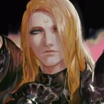  1boy androgynous armor black_background blonde_hair blue_eyes commentary eyeshadow final_fantasy final_fantasy_xiv frischenq garlean hair_over_one_eye long_hair looking_to_the_side makeup male_focus one_eye_covered pauldrons portrait shoulder_armor signature smile solo third_eye zenos_yae_galvus 