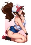  1girl ass baseball_cap blue_eyes blush boots breasts brown_hair cleavage curly_hair cutoffs denim denim_shorts exposed_pocket hat high_ponytail highres hilda_(pokemon) kevbot large_breasts long_hair looking_at_viewer open_mouth pokemon pokemon_(game) pokemon_bw ponytail shirt short_shorts shorts sidelocks sleeveless sleeveless_shirt solo tank_top thick_thighs thighs white_shirt wristband 