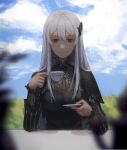  1girl absurdres bangs black_capelet black_dress blue_sky blurry blurry_foreground capelet closed_mouth cloud cup dress echidna_(re:zero) eyebrows_visible_through_hair hair_between_eyes hair_ornament highres holding holding_cup long_hair long_sleeves looking_at_viewer re:zero_kara_hajimeru_isekai_seikatsu red_eyes signature silver_hair sitting sky smile solo table teacup upper_body very_long_hair zieru 