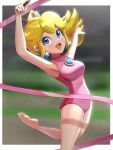  1girl :d armpit_crease arms_up athletic_leotard bangs bare_arms barefoot blonde_hair blue_eyes breasts chest_jewel commentary crown earrings gonzarez gymnastics gymnastics_ribbon high_ponytail highres holding holding_ribbon jewelry leg_up leotard lipstick looking_up makeup mario_&amp;_sonic_at_the_london_2012_olympic_games mario_&amp;_sonic_at_the_olympic_games mario_(series) medium_breasts pink_leotard princess_peach rhythmic_gymnastics ribbon ribbon_baton smile solo super_mario_bros. two-tone_leotard 