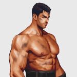  1boy abs arcane:_league_of_legends areyoucracked bara black_hair closed_mouth dirty dirty_face jayce_(league_of_legends) large_pectorals league_of_legends looking_at_viewer male_focus muscular muscular_male nipples pectorals short_hair simple_background solo sweat upper_body 