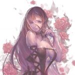  1girl breasts character_request closed_mouth crying crying_with_eyes_open flower glasses highres kazama_raita long_hair looking_at_viewer red_eyes red_flower red_rose rose solo tears white_background 