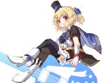  1girl black_headwear black_legwear black_shirt black_skirt blonde_hair blue_cape blue_flower blue_neckwear boots cape commentary_request crossed_legs electric_guitar flower full_body girls&#039;_frontline guitar hair_flower hair_ornament hat highres instrument looking_at_viewer matsuo_(matuonoie) mini_hat mini_top_hat nagant_revolver_(girls&#039;_frontline) parted_lips ponytail puffy_short_sleeves puffy_sleeves red_eyes shirt short_sleeves sitting skirt solo striped striped_legwear thighhighs thighhighs_under_boots top_hat vertical-striped_legwear vertical_stripes white_background white_footwear 