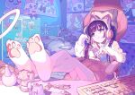  1girl brown_eyes brown_hair can cat_ear_headphones chair dakimakura_(object) feet figure foot_focus gaming_chair headphones keyboard_(computer) loungewear no_shoes original pillow smile soles yuigahama_(user_nevh3547) yume_kawaii 