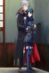  1boy ameno_(a_meno0) blue_eyes blue_hair cape closed_eyes fingerless_gloves fire_emblem fire_emblem_awakening gloves grey_hair highres hug indoors long_hair lucina_(fire_emblem) robin_(fire_emblem) robin_(fire_emblem)_(male) short_hair symbol-shaped_pupils tiara window 