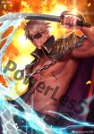  1boy abs absurdres bara bare_pectorals blonde_hair borrowed_character chain commission cryokinesis epaulettes eyepatch grin highres holding holding_sword holding_weapon looking_at_viewer male_focus muscular muscular_male navel nipples no_shirt original pectorals pirate powerlesssong short_hair sideburns smile solo stomach sword watermark weapon 