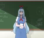  (9) 1girl blue_dress blue_hair bow chalkboard cirno classroom cowboy_shot dress english_commentary hat highres holding holding_notebook kamishirasawa_keine long_hair looking_at_viewer mata_(matasoup) math neckerchief no_sclera notebook red_bow shadow solo tokin_hat touhou yellow_eyes 