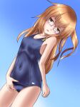  1girl ankake_hitokaji blue_background blue_swimsuit brown_eyes brown_hair covered_navel cowboy_shot crescent crescent_pin dutch_angle fingering flat_chest gradient gradient_background highres kantai_collection long_hair mochizuki_(kancolle) red-framed_eyewear school_swimsuit solo standing swimsuit 