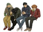 4boys ^_^ black_footwear black_hair black_jacket black_pants blue_pants blush brown_footwear brown_hair brown_jacket can closed_eyes cold crossed_ankles drinking ear_blush facing_down full_body fur-trimmed_jacket fur_trim giving green_hair hand_in_pocket highres hokari_atsushi holding holding_can hood hood_down hooded_jacket hunched_over invisible_chair jacket kageura_masato laughing lineup long_sleeves looking_at_another looking_to_the_side male_focus mask mask_pull mizukami_satoshi_(world_trigger) mouth_mask multiple_boys murakami_kou nose_blush open_clothes open_jacket own_hands_together pants red_footwear scarf shoes simple_background sitting sneakers socks soda_can spiked_hair torotakudon turtleneck v_arms warming_hands white_background white_footwear winter_clothes world_trigger yellow_pants 