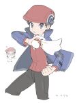  1boy blue_jacket clenched_hand commentary dated grey_eyes gu_1156 hat highres holding holding_poke_ball jacket long_sleeves lucas_(pokemon) male_focus multiple_views open_clothes open_jacket pants parted_lips poke_ball poke_ball_(basic) pokemon pokemon_(game) pokemon_dppt pokemon_platinum red_headwear red_shirt scarf shirt short_hair white_background white_scarf 