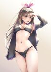  1girl aira_(qwedcxza49) armpits bangs bikini black_bikini breasts brown_hair cleavage collarbone eyebrows_visible_through_hair gradient gradient_background grey_background grey_jacket hair_between_eyes hairband highres jacket kizuna_ai kizuna_ai_inc. long_hair long_sleeves medium_breasts multicolored_hair navel open_clothes open_jacket open_mouth pink_hair pink_hairband red_eyes shiny shiny_hair sideboob solo standing straight_hair swimsuit tongue tongue_out two-tone_hair very_long_hair 