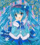  1girl :d aqua_jacket back_bow beamed_sixteenth_notes black_hairband blue_bow blue_bowtie blue_eyes blue_hair blue_mittens blue_skirt blue_theme bow bowtie commentary cowboy_shot eighth_note eyebrows_visible_through_hair frilled_bow frilled_hairband frilled_skirt frills fur-trimmed_jacket fur-trimmed_sleeves fur_trim hair_between_eyes hairband hatsune_miku head_tilt jacket long_hair looking_at_viewer marker_(medium) mittens musical_note open_mouth print_bow print_bowtie rui_(sugar3) sample skirt smile snowflake_print solo traditional_media twintails very_long_hair vocaloid yuki_miku yuki_miku_(2012) 