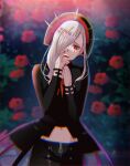  1girl azuma_kei black_jacket black_pants blurry blurry_background facial_mark flower hair_over_one_eye headpiece highres jacket long_hair long_sleeves looking_at_viewer navel open_mouth outdoors pants red_eyes red_nails solo standing veuve_elizabeth visual_prison white_hair 