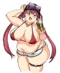  1girl baseball_cap belly blush breasts cellphone cleavage drawfag eyebrows_visible_through_hair eyewear_on_head fangs fat hat heart heart-shaped_eyewear holding holding_phone hololive houshou_marine jewelry large_breasts looking_at_phone navel necklace open_mouth phone red_eyes red_hair short_shorts shorts sketch skin_fangs smartphone smile solo sunglasses thigh_strap twintails virtual_youtuber white_background white_shorts 