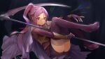  1girl absurdres barrier_mao black_background boots braid cape chromatic_aberration crown_braid fingerless_gloves gloves hair_ornament highres long_hair looking_at_viewer mito_(sao) purple_hair purple_legwear red_eyes scythe shorts solo sword_art_online sword_art_online_progressive thigh_boots thighhighs thighs x_hair_ornament 