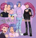  1boy 1girl angry blue_eyes blue_hair blush crossdressing cruz02art fang green_eyes highres james_(pokemon) jessie_(pokemon) kiss kissing_cheek meowth pokemon pokemon_(anime) ponytail purple_hair team_rocket 