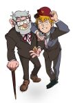  2boys beer_can blonde_hair can facial_hair food glasses gravity_falls gyosone hat holding holding_food jacket looking_at_viewer mob_psycho_100 multiple_boys necktie old old_man reigen_arataka smile stanford_pines takoyaki trait_connection 