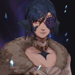  1girl au_ra avatar_(ffxiv) bangs blue_background blue_hair choker collarbone commentary dragon_horns earrings english_commentary final_fantasy final_fantasy_xiv flower_in_eye fur_trim highres horns jewelry josh_corpuz looking_to_the_side one_eye_covered portrait purple_eyes scales short_hair signature smile solo swept_bangs symbol_in_eye white_choker 