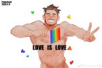  1boy :d absurdres bara beard blush completely_nude english_text facial_hair facing_viewer flag heart highres holding holding_flag lgbt_pride male_focus mature_male muscular muscular_male mustache nude original out-of-frame_censoring pectorals powerlesssong rainbow_flag short_hair smile solo v 