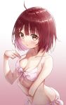  1girl ahoge atelier_(series) atelier_sophie bikini blush breasts brown_eyes cleavage collarbone eyebrows_visible_through_hair front-tie_bikini front-tie_top gradient gradient_background greeen4869 highres medium_hair open_mouth pink_background red_hair shiny shiny_hair side-tie_bikini small_breasts solo sophie_neuenmuller standing strap_gap swimsuit white_background white_bikini 