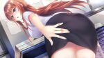  1girl bangs bent_over black_skirt blue_eyes blush breasts brown_hair eyebrows_visible_through_hair floating_hair from_behind from_below game_cg hair_between_eyes highres himukai_chihiro himukai_chihiro_wa_shigoto_ga_tsuzukanai indoors large_breasts long_hair looking_back looking_down miniskirt muutsuki official_art open_mouth pencil_skirt shiny shiny_hair shirt short_sleeves skirt solo straight_hair very_long_hair white_shirt 