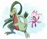  alternate_color black_eyes blurry celebi closed_mouth commentary green_eyes grovyle highres looking_to_the_side no_humans pokemon pokemon_(creature) shiny_pokemon toes twitter_username ynmr_ll 