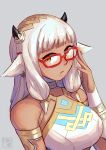  1girl absurdres animal_ears arm_strap ash_(fire_emblem) bare_shoulders black_horns brown_eyes choker cow_ears cow_girl cow_horns dark-skinned_female dark_skin ear_piercing english_commentary fire_emblem fire_emblem_heroes glasses gold_trim hand_on_eyewear highres horns piercing silver_hair sleeveless solo toast_(oreocorio) upper_body 