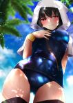  1girl black_hair black_legwear blush bracelet breasts cameltoe fate/grand_order fate_(series) from_below highres jewelry kuro_yanagi large_breasts light_smile looking_at_viewer ortlinde_(fate) outdoors red_eyes school_swimsuit short_hair solo swimsuit thighhighs valkyrie_(fate) wet 