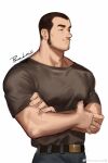  1boy absurdres bara beard brown_shirt buzz_cut crossed_arms facial_hair highres large_pectorals long_sideburns male_focus mature_male muscular muscular_male original pectorals powerlesssong shirt short_hair sideburns smile solo stubble thick_eyebrows very_short_hair 
