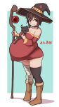  1girl alternate_breast_size asymmetrical_legwear bandaged_leg bandages between_breasts big_belly black_legwear boots breasts brown_hair cat choker chomusuke cleavage dress hat highres kono_subarashii_sekai_ni_shukufuku_wo! medium_breasts megumin microdress mismatched_legwear pregnant red_eyes sakanadaze short_hair smile staff standing thighhighs witch_hat 