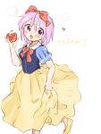  1girl apple bow cosplay disney food fruit heart highres hiiragi_tsukasa kagamiko_hanana looking_back lucky_star open_mouth purple_hair red_bow snow_white snow_white_(disney) snow_white_(disney)_(cosplay) snow_white_and_the_seven_dwarfs solo 
