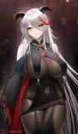  1girl aegir_(azur_lane) arms_at_sides azur_lane bare_shoulders black_cape blurry blurry_background bodystocking breast_curtains breasts cape corset cowboy_shot cross cross_earrings curled_horns demon_horns detached_sleeves earrings english_commentary fouriasensei gloves grey_hair hair_between_eyes hair_on_horn highres horns impossible_clothes iron_cross jewelry large_breasts lipgloss long_hair looking_at_viewer mixed-language_commentary multicolored_hair navel red_hair revealing_clothes see-through silver_hair skindentation slit_pupils solo streaked_hair thigh_gap two-tone_cape two-tone_hair very_long_hair yellow_eyes 